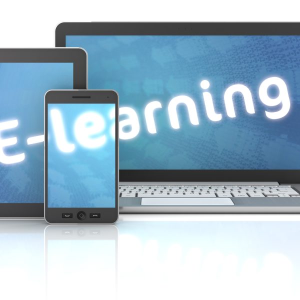 Smartphone, tablet and laptop with E-learning text, 3d render