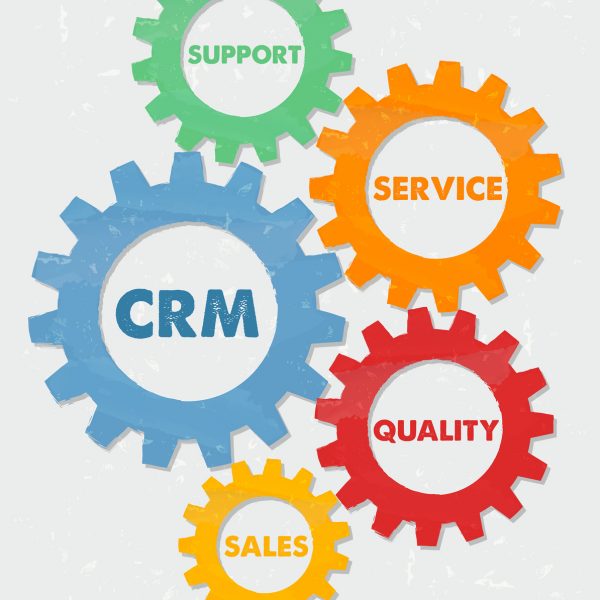 CRM, support, service, quality, sales - words in colored grunge flat design gear wheels, business concept - customer relationship management
