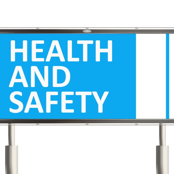 Health and safety. Road sign on the white background. Raster illustration.