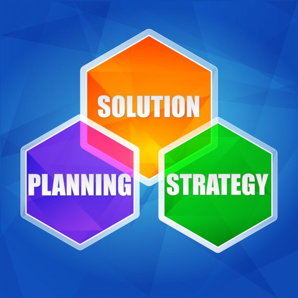 planning, solution, strategy - business growth concept words in color hexagons over blue background, flat design, vector