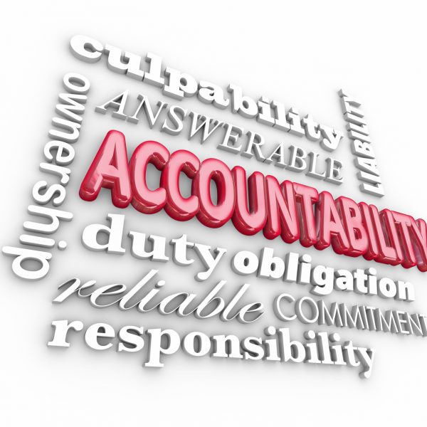 Accountability 3d word background with terms such as answerable, ownership, commitment, duty, obligation, reliability and responsibility