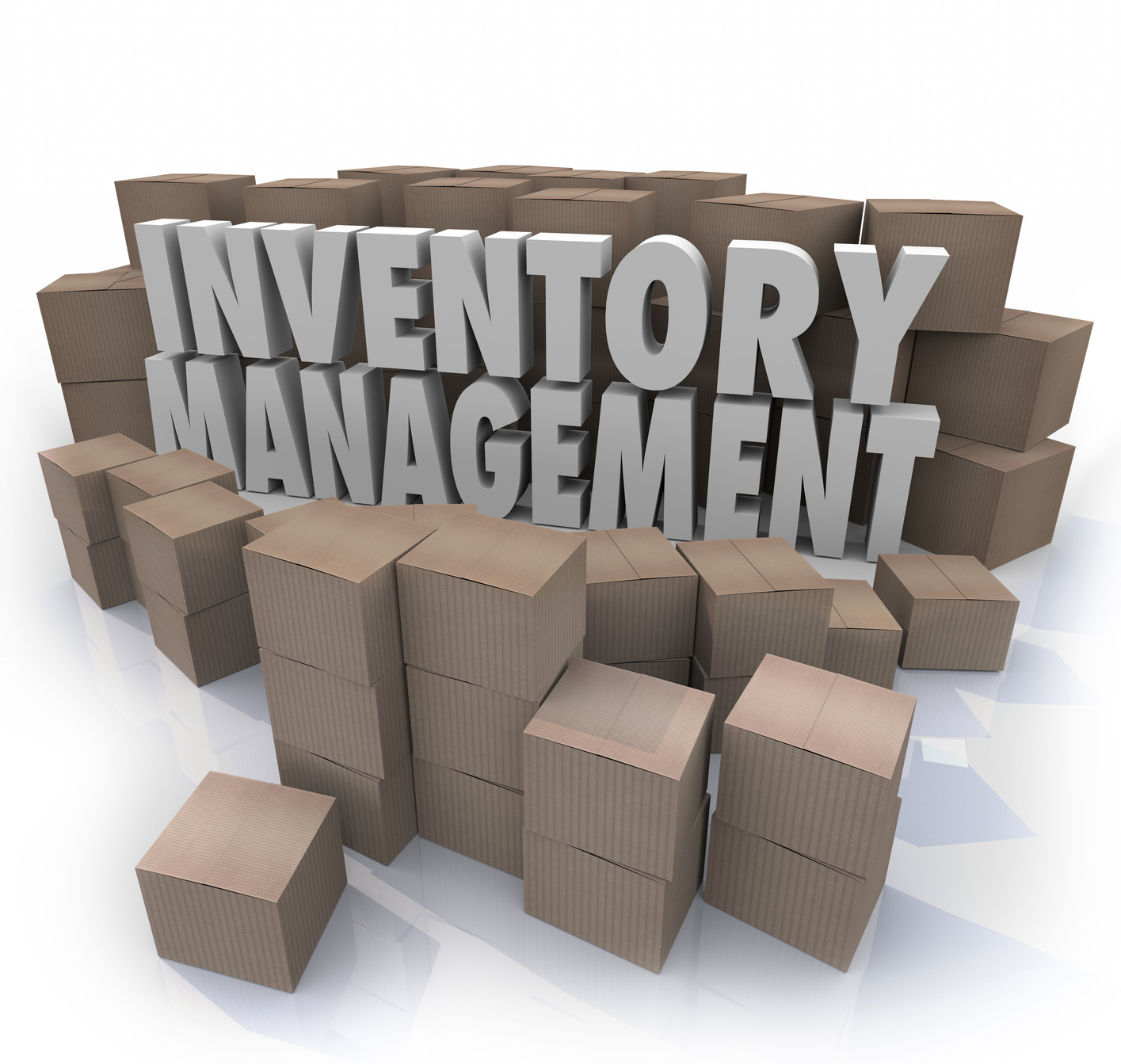 Inventory management words in 3d letters surrounded by cardboard boxes full of products in a warehouse or storage area to illustrate logistics or supply chain control